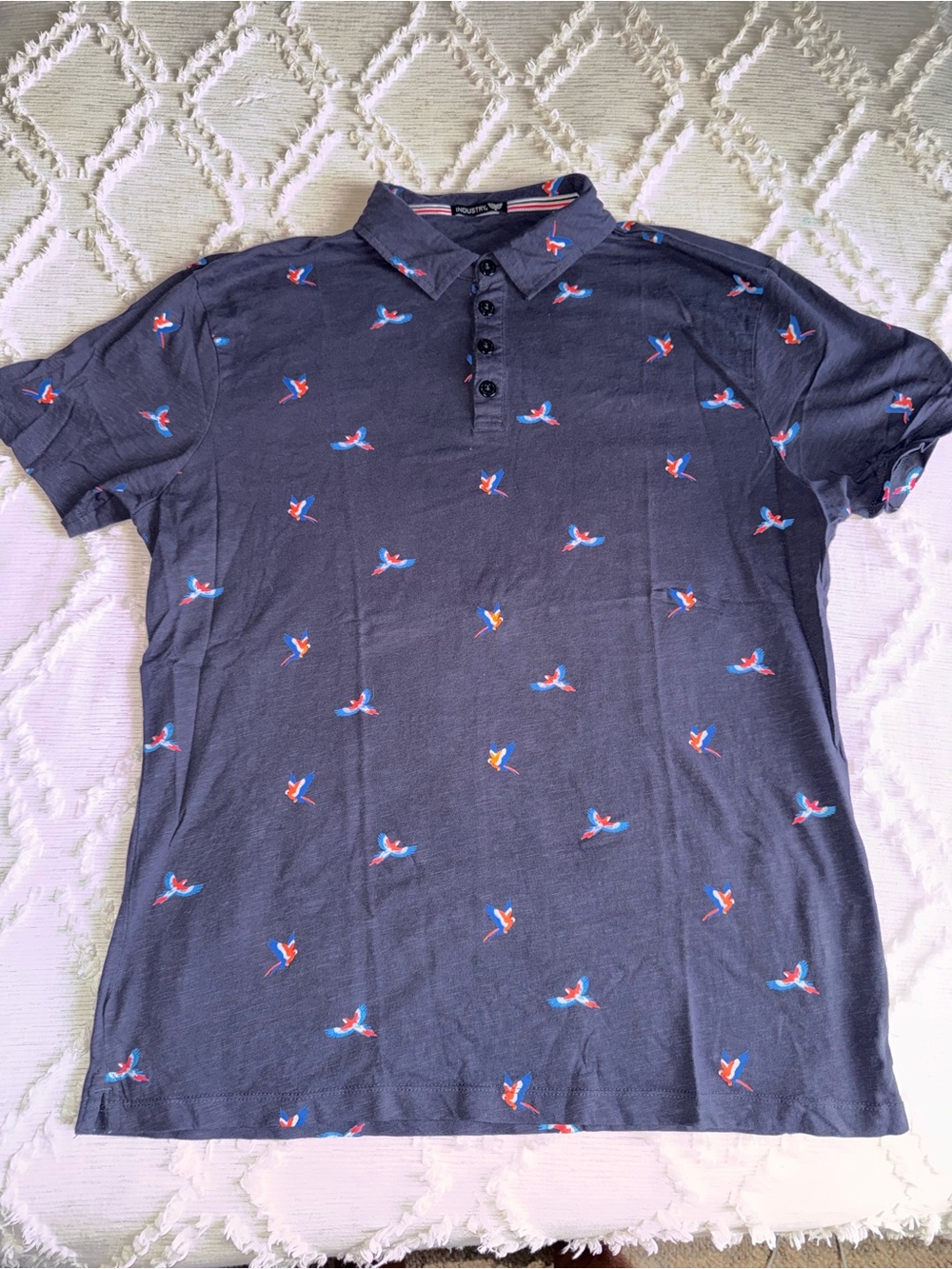 Industry Men’s XL Fits Medium Navy Parrot Print Polo Shirt